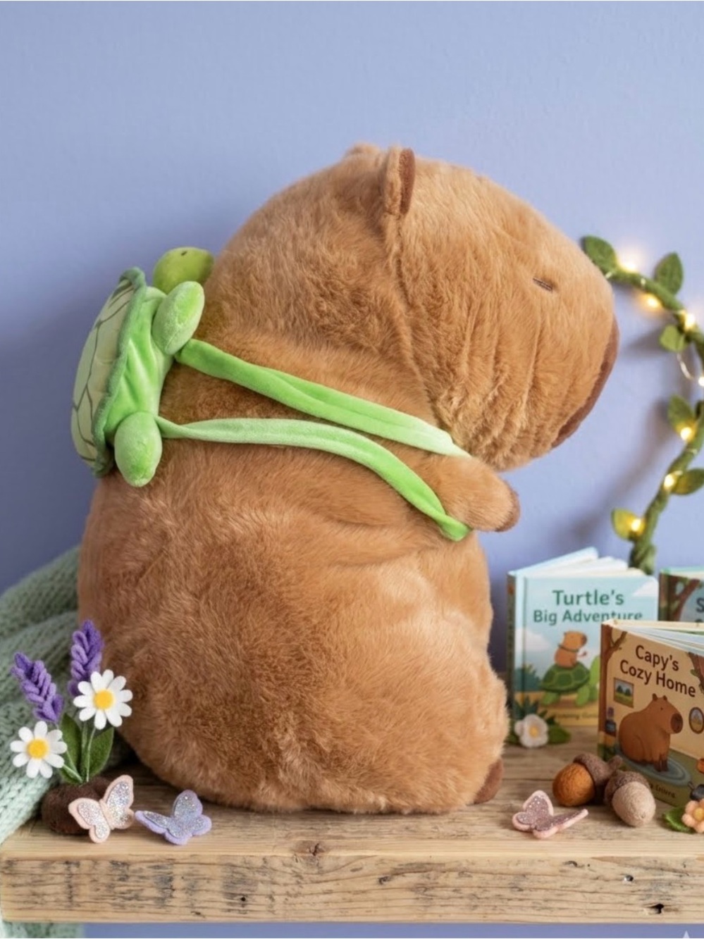 Plush Kawaii Brown Capybara Stuffed Animal with Green Turtle Backpack